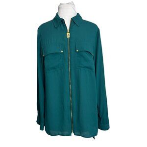 Michael Kors Womens Top Blouse Size Medium Green Dog Tag Zip Front Tab Sleeve